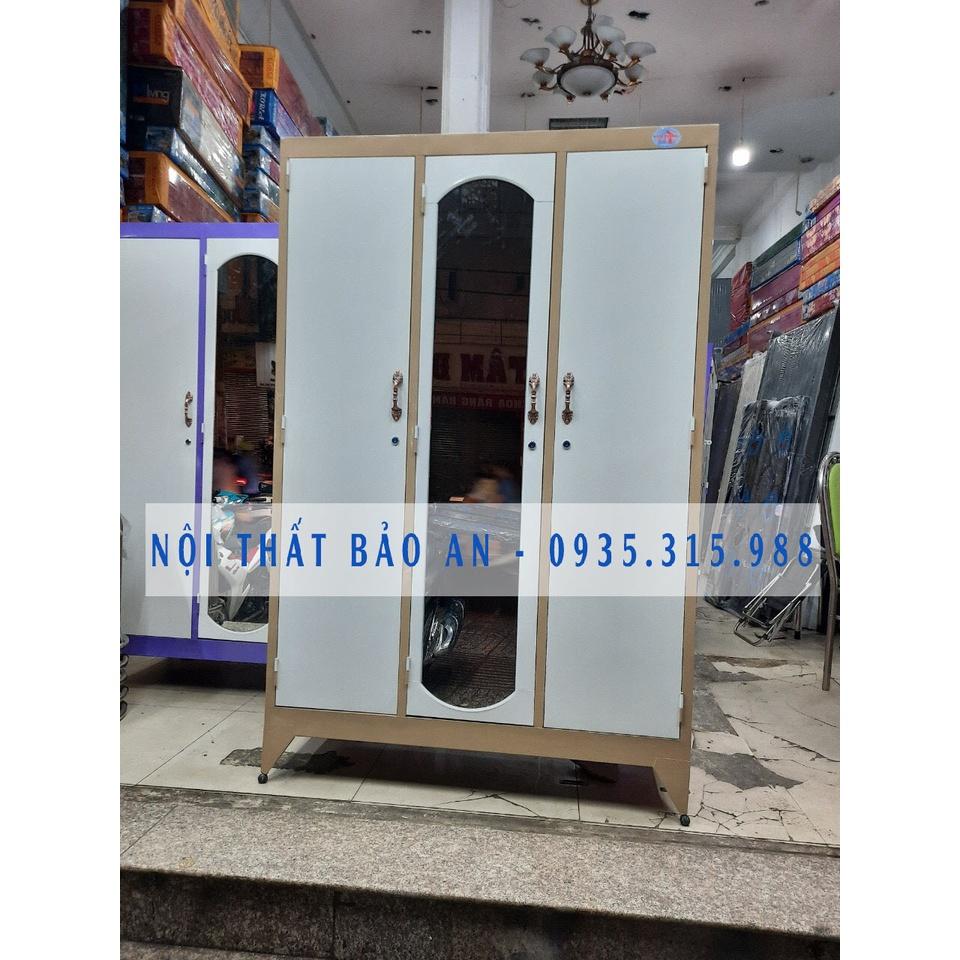 Tủ sắt quần áo 3 cửa ngang 1m2 cao 1m8 sơn tĩnh điện - MÀU KEM