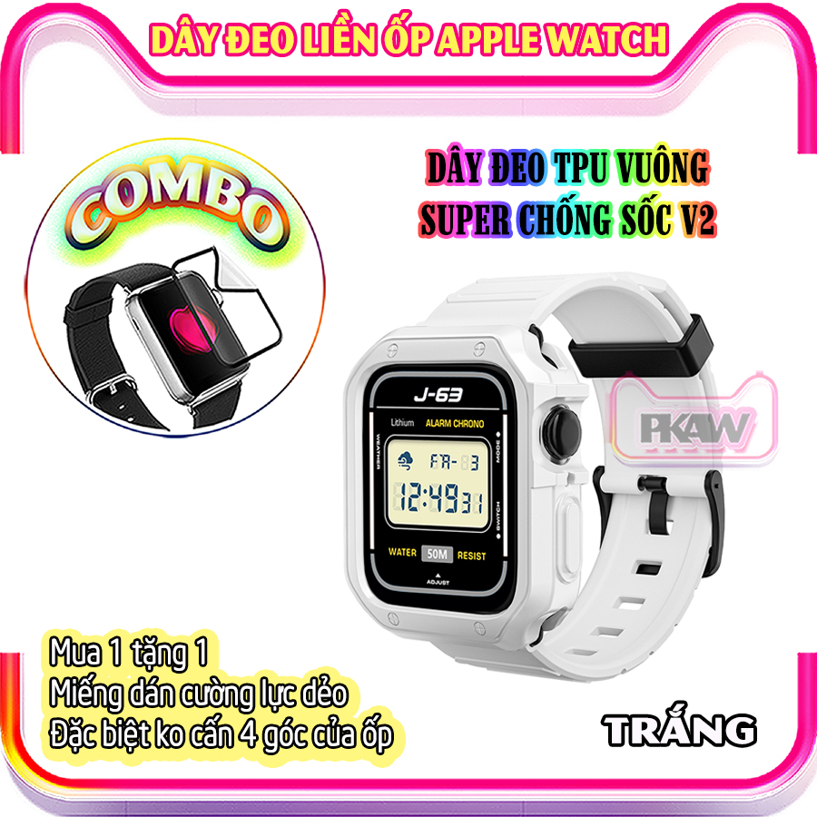 Dây Đeo khung ốp rời dành cho Apple Watch 7/6/5/4/3/2/1 size 38/40/41/42/44/45mm TPU vuông SUPER chống sốc V2 - nhiều màu (tặng cường lực dẻo theo size)