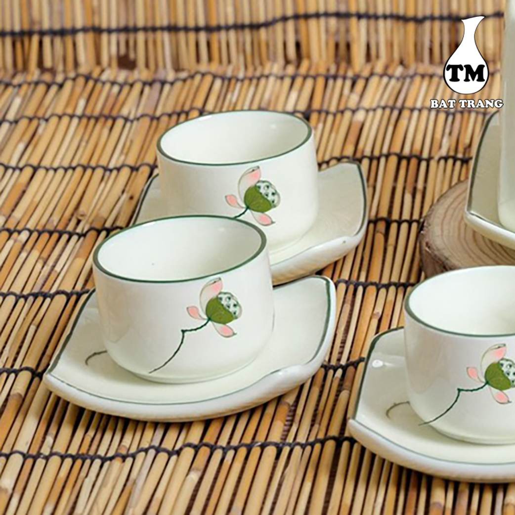 Bộ Ấm Trà Men Kem Họa Tiết Đài Sen Vẽ Tay Thủ Công Dáng Ấm Vuông Xưởng Gốm TM Bát Tràng