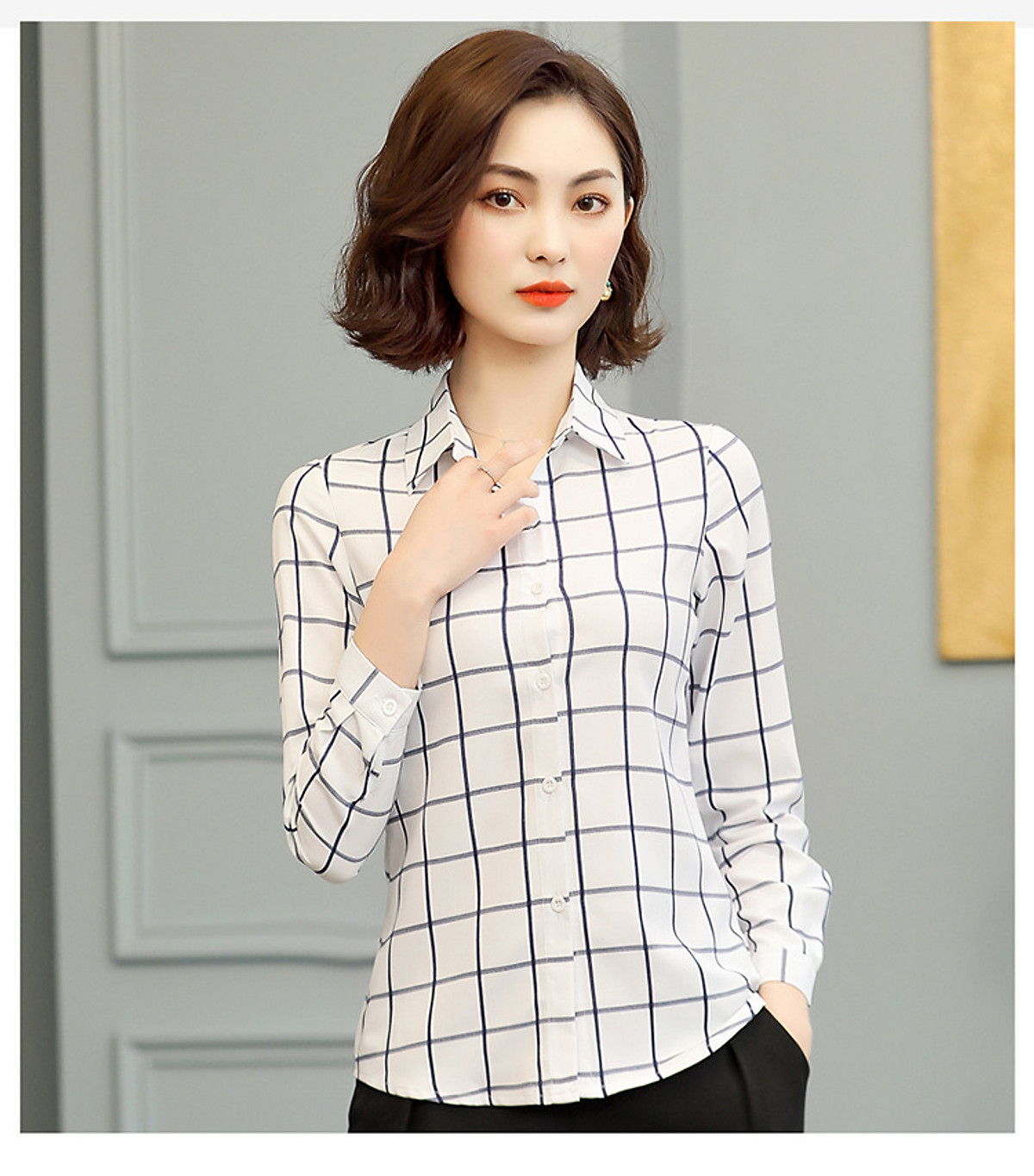 Áo sơ mi nữ công sở kẻ sọc caro thiết kế tay dài phong cách thời trang công sở Hàn Quốc Mã 11