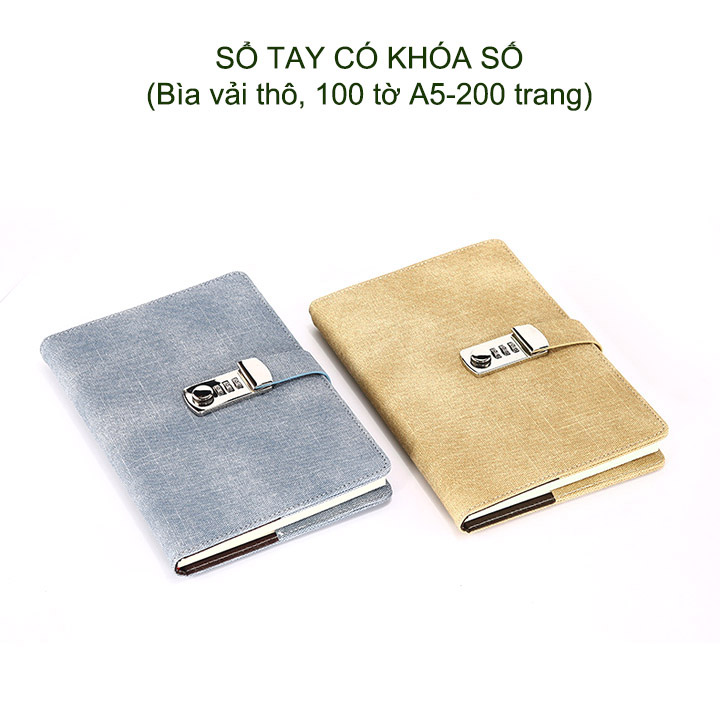 Sổ tay trang bị khóa số khổ A5, 100 tờ, bìa bằng vải thô siêu bền
