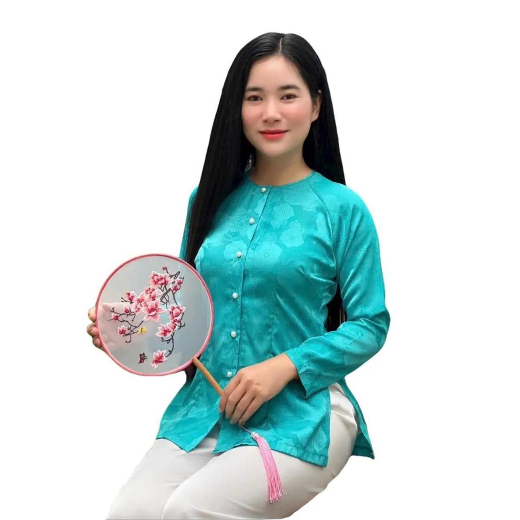 (BÀ BA GẤM HOA NỖI Bigsize) Trang phục truyền thống, Bộ quần áo nữ Phật tử, đồ lam đi chùa mẫu nữ vải gấm 7XL - Tím không quần