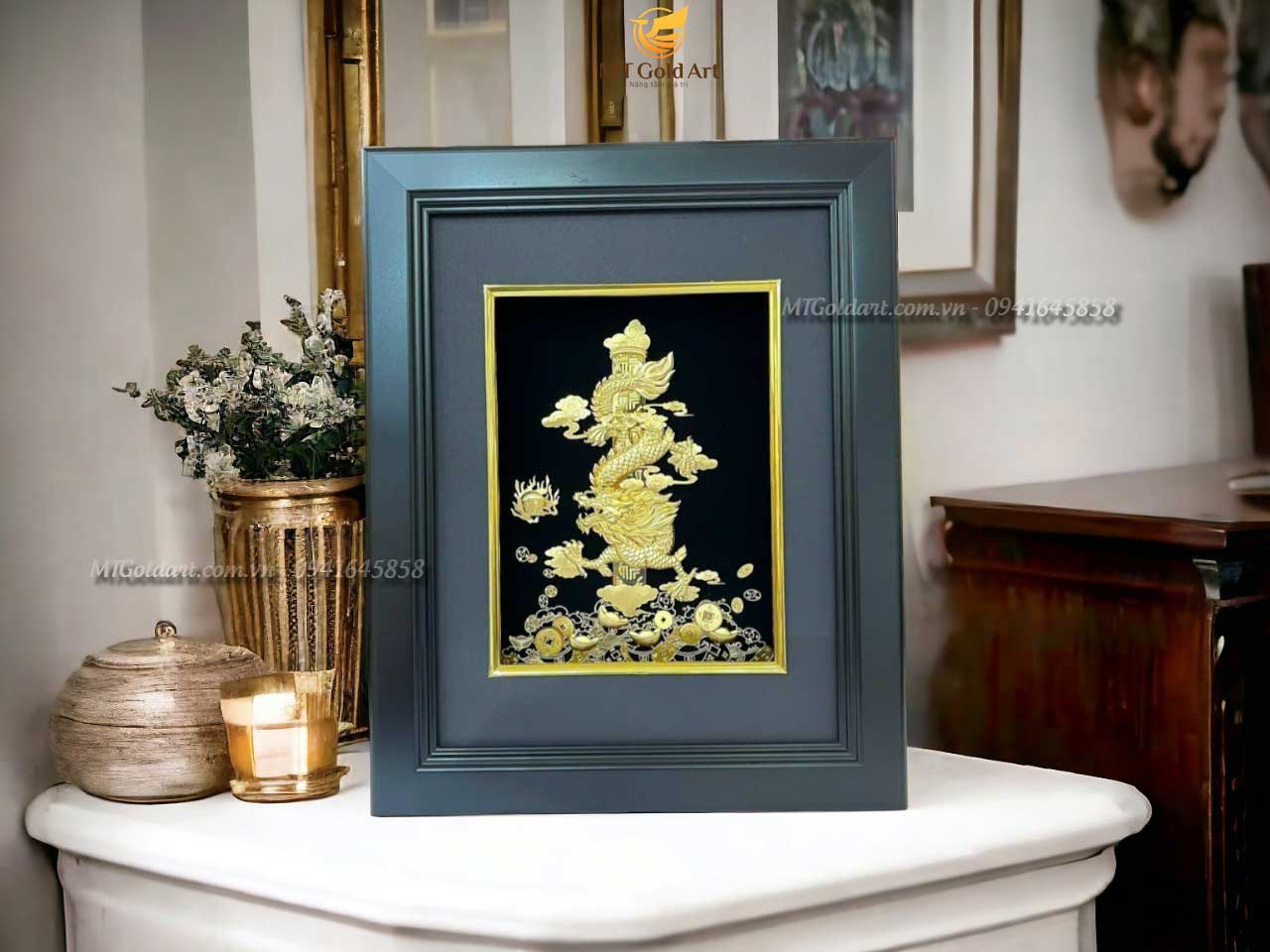 Tranh Rồng phong thủy vờn ngọc dát vàng (27x34cm) MT Gold Art- Hàng chính hãng, trang trí nhà cửa, phòng làm việc, quà tặng sếp, đối tác, khách hàng, tân gia, khai trương