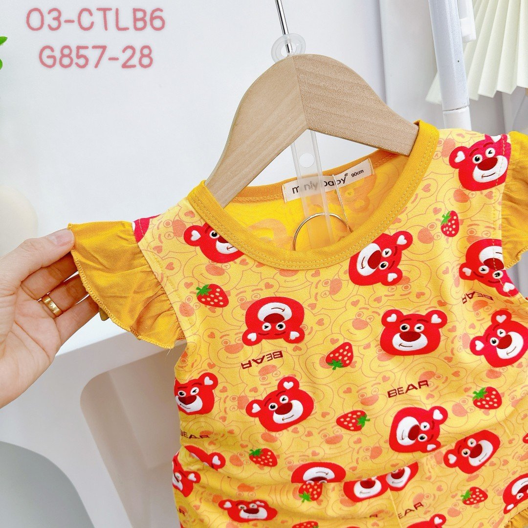 Đồ bộ bé gái, bộ cộc tay mùa hè cho bé gái hình Gấu dâu size 5-16kg chất cotton mềm mịn mát