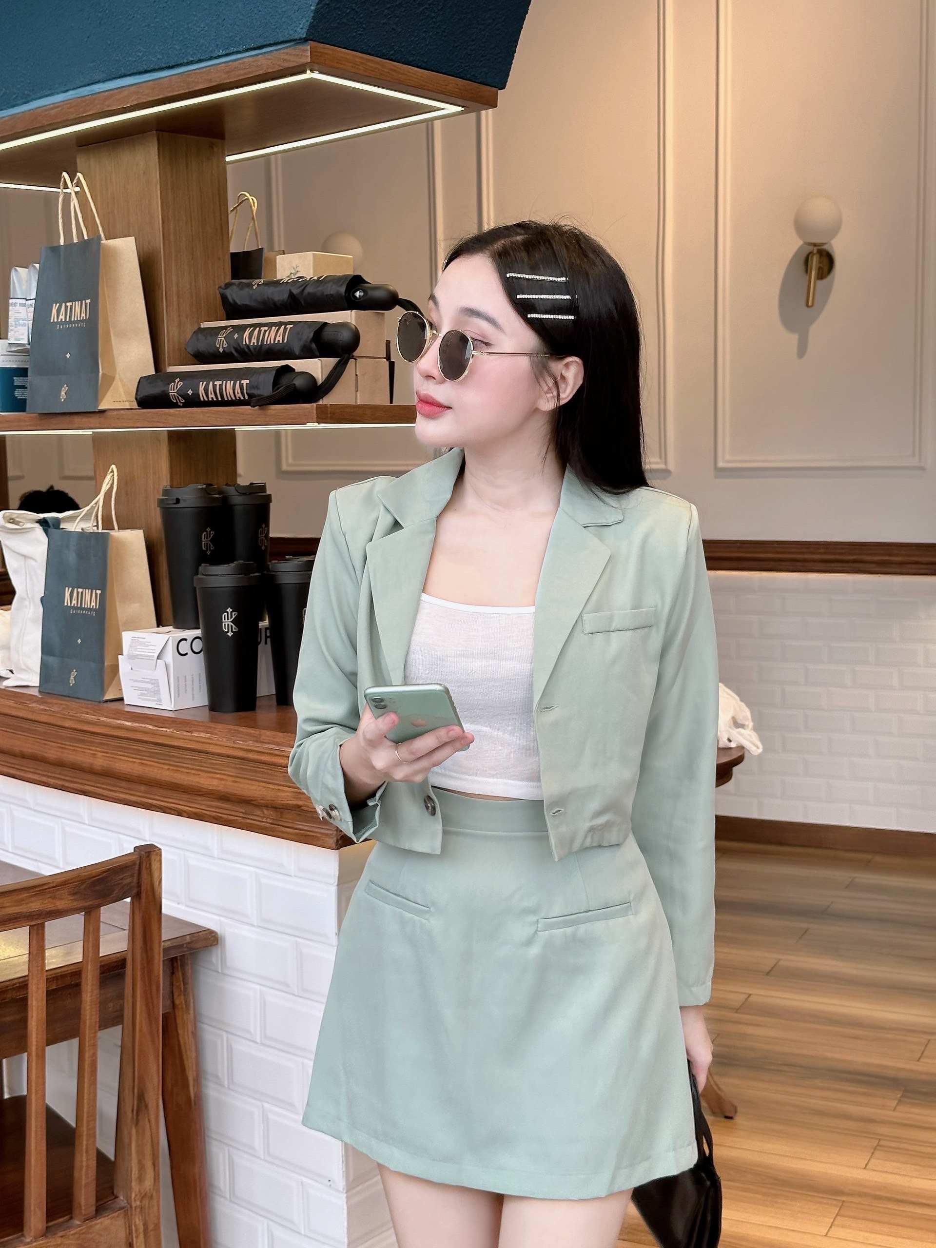 ĐẦM SET ÁO KHOÁC VEST BLAZER LỬNG SUÔNG TRƠN TAY DÀI XANH PASTEL + CHÂN VÁY CHỮ A NGẮN LƯNG CAO + ÁO CROPTOP 2 DÂY ĐI TIỆC DẠO PHỐ ĐI CHƠI CÔNG SỞ