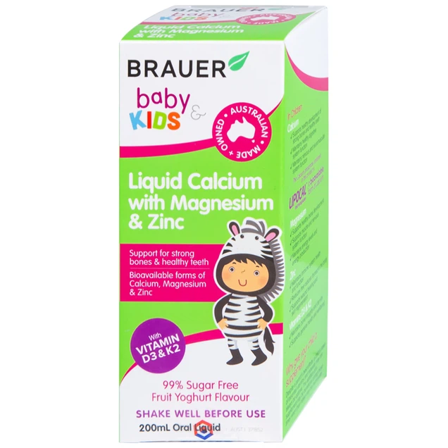 Siro Brauer Kids Liquid Calcium with Magnesium and Zinc nhập khẩu từ ÚC - Bổ sung Vitamin Canxi, Magie và Kẽm cho trẻ từ 1 tuổi (200ml)