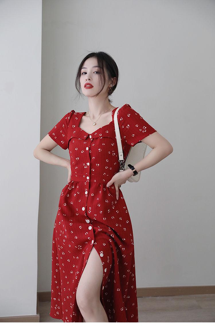 DONGSHOP 2023 mùa hè retro màu đỏ đầm nữ tính trà nghỉ váy cao cấp thắt lưng che thịt hiển thị gầy trung bình dài