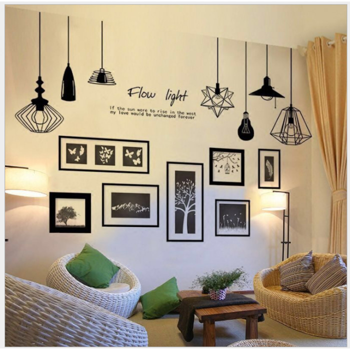Decal dán tường 3D đèn treo số 8 và khung ảnh đen nghệ thuật