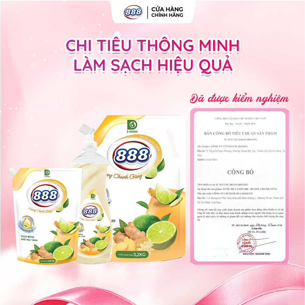 Combo 4 Túi Nước Rửa Chén 888 Hương Chanh Gừng Dịu Nhẹ Cho Da Tay 0.6kg/Túi