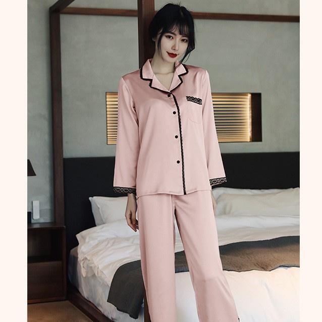 Đồ Bộ Nữ - Đồ Mặc Nhà Dài Tay Vải Lụa Cao Cấp Nhiều Màu Trơn Viền Ren Sang Trọng DDLP10