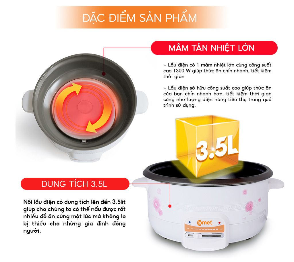 Nồi lẩu điện Comet CM7731 – Dung tích 3.5L, công suất 1300W, chống dính, nắp kính chịu nhiệt, bảo hành 12 tháng - Hàng chính hãng
