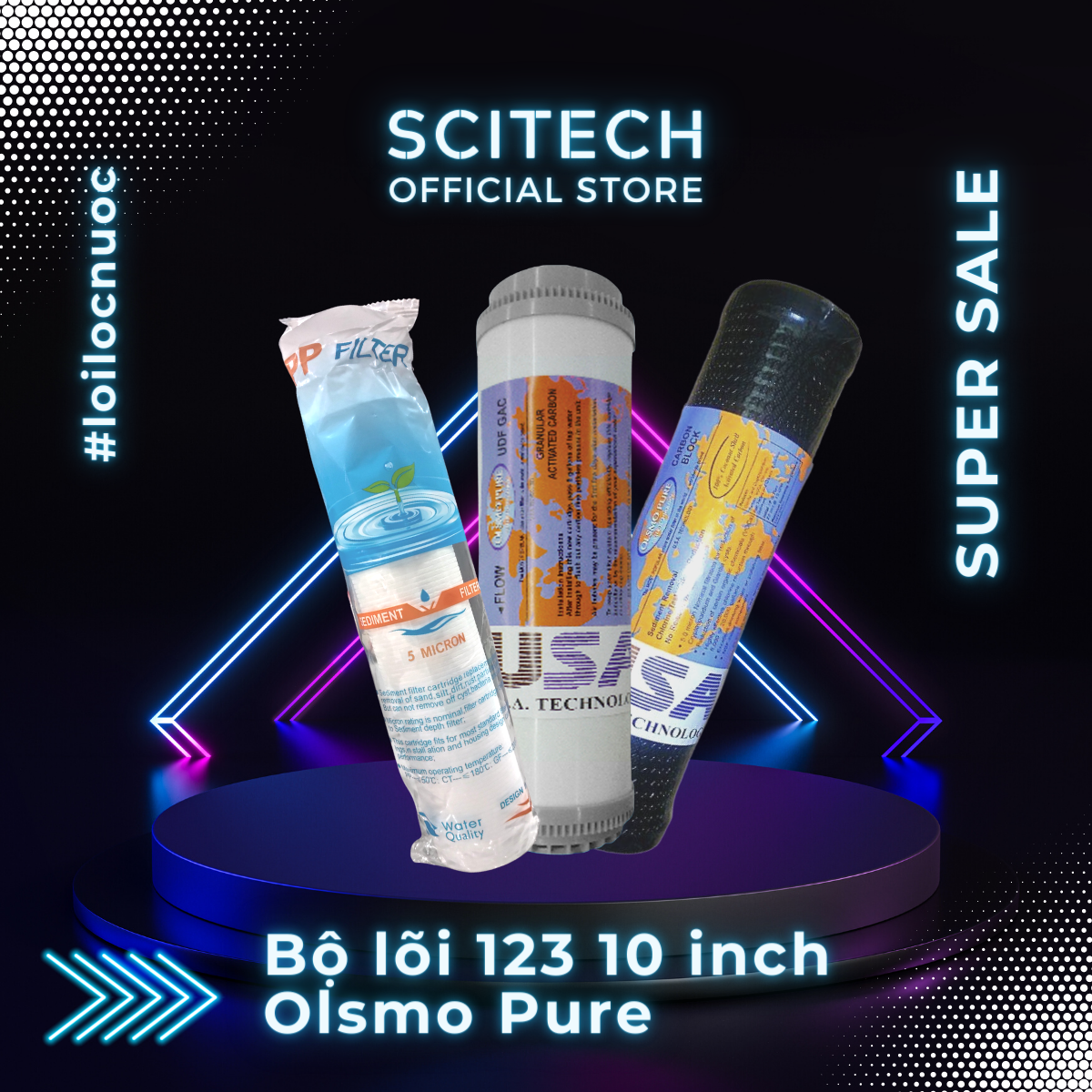 Bộ lõi số 1,2,3 Olsmo Pure 10 inch by Scitech - Dùng cho máy lọc nước RO, bộ lọc thô - Hàng chính hãng