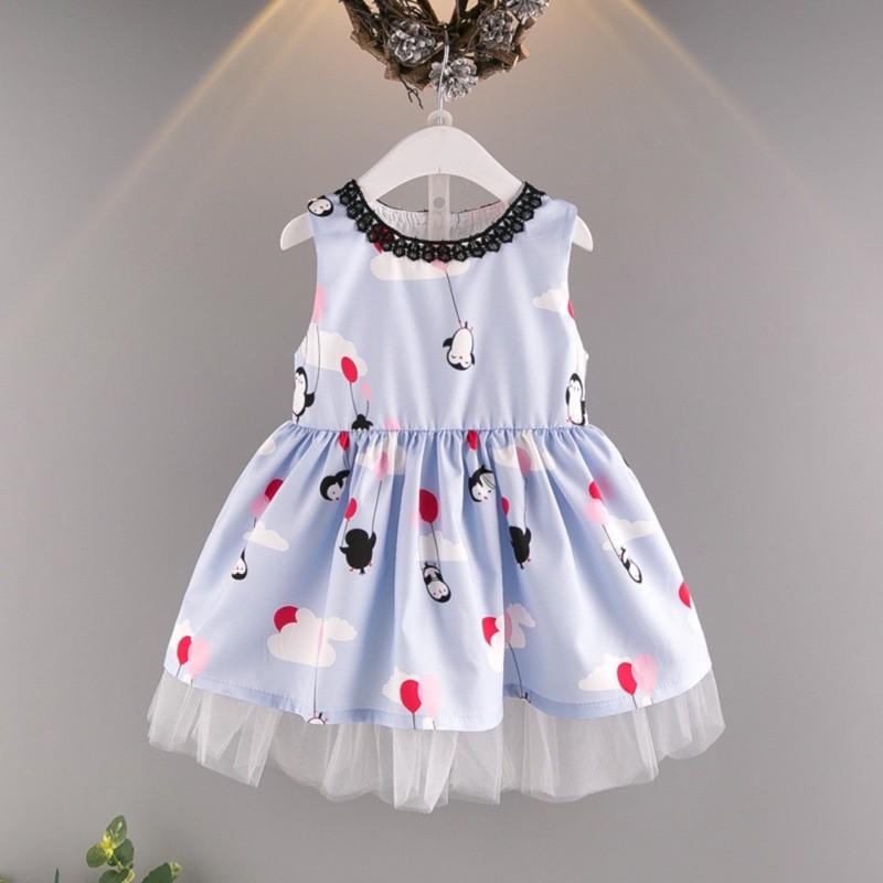 Váy xanh phi lụa kết voan bé gái