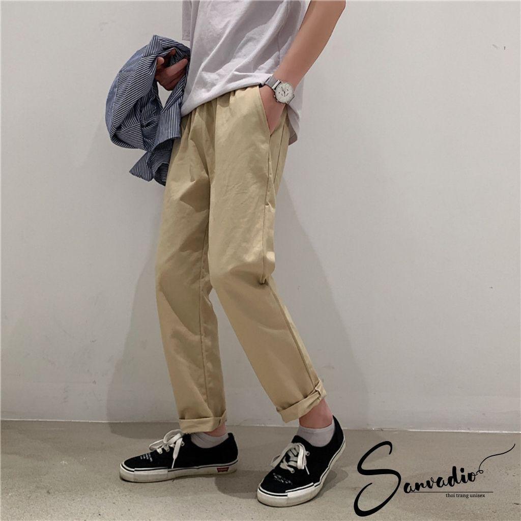 Quần baggy kaki nam SANVADIO hàn quốc Ống Suông Unisex - Kiểu quần kaki đen và be