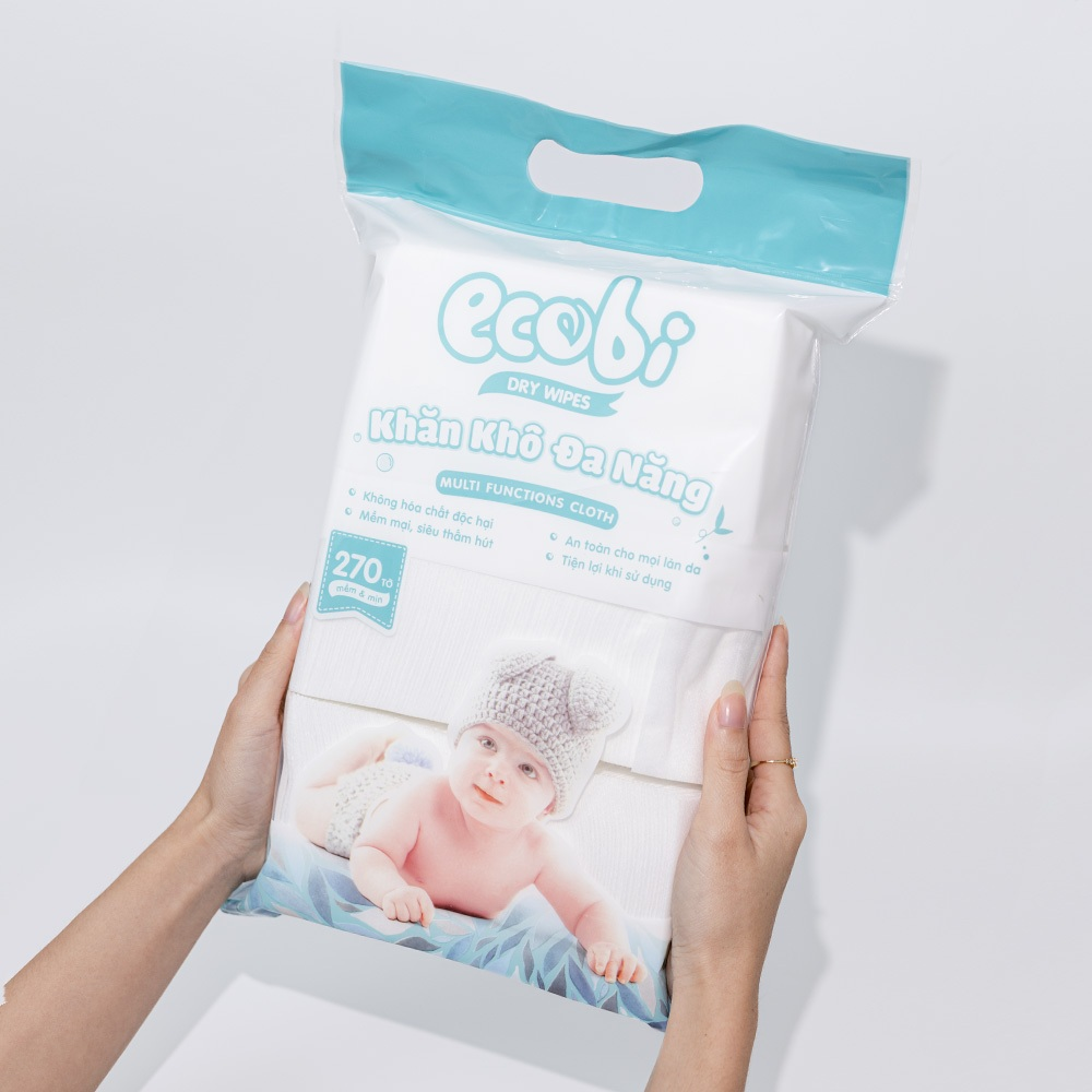 Thùng 05 túi khăn vải khô đa năng cho bé Ecowipes túi 270 tờ 345g mềm mịn dai thấm hút tốt