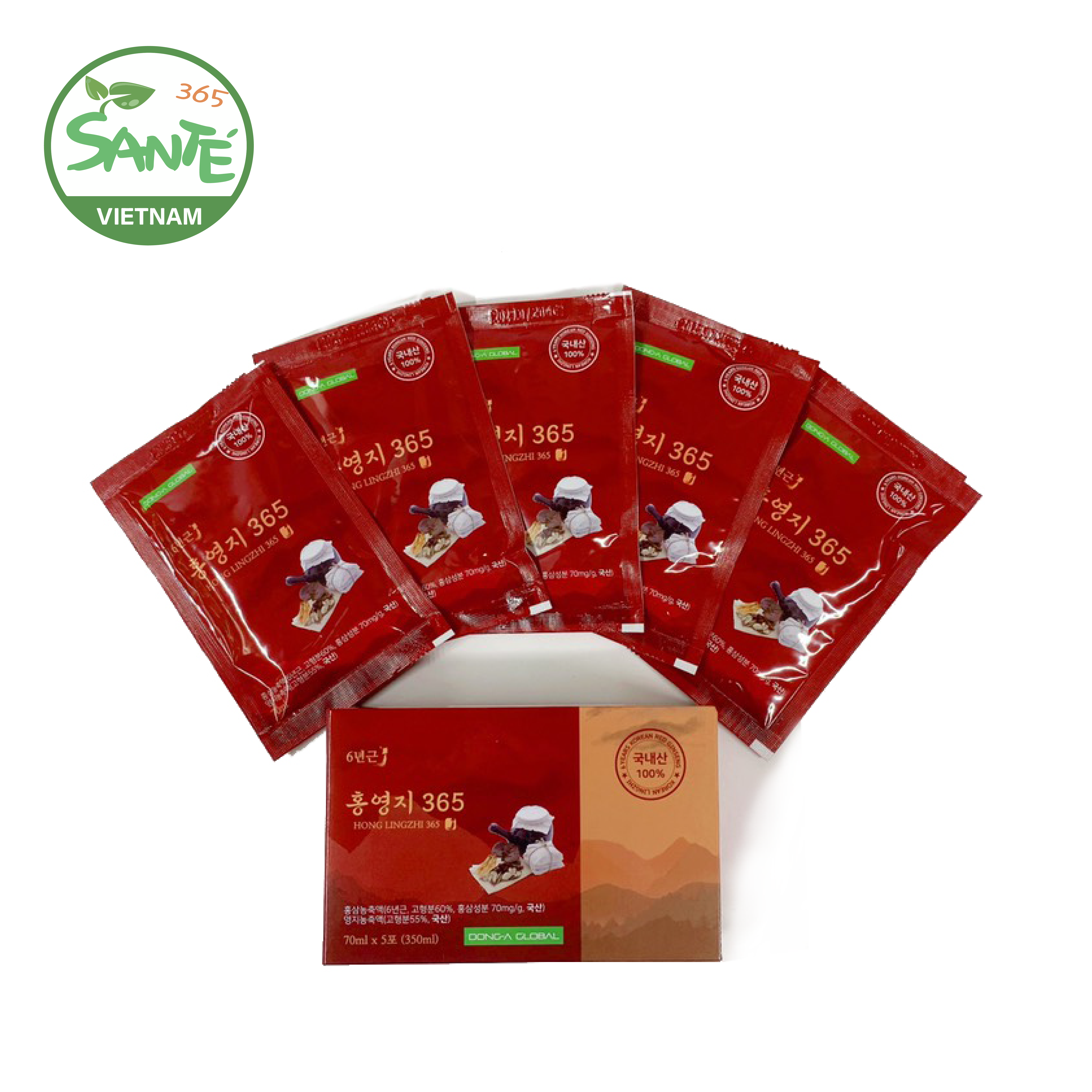 Sante365 - Thực Phẩm Bổ Sung - HONG LINGZHI 365 - NƯỚC HỒNG SÂM LINH CHI DẠNG GÓI 5 GÓI 70ml