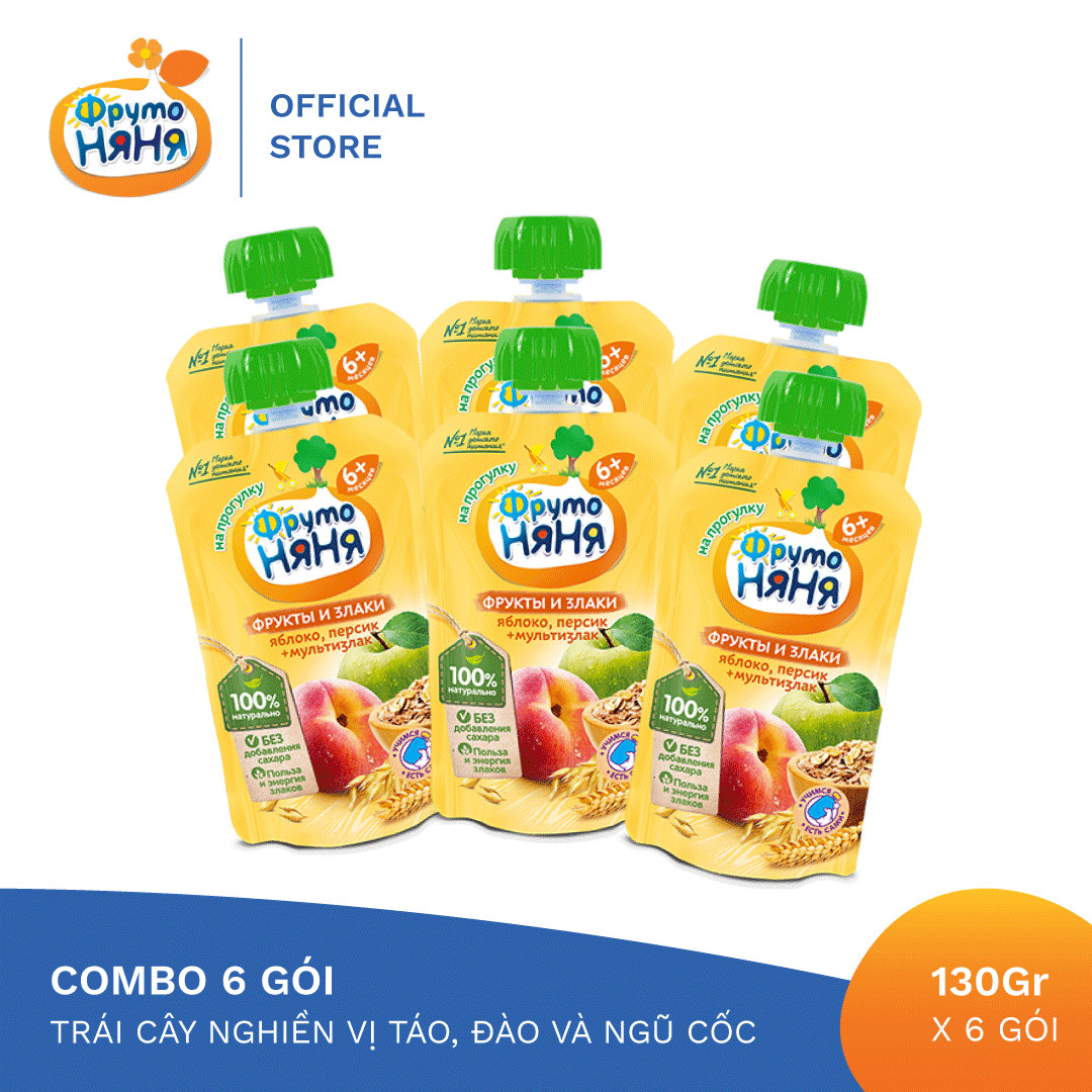 Combo 6 Gói Trái cây nghiền vị táo, đào và ngũ cốc Fruto Nyanya 130g