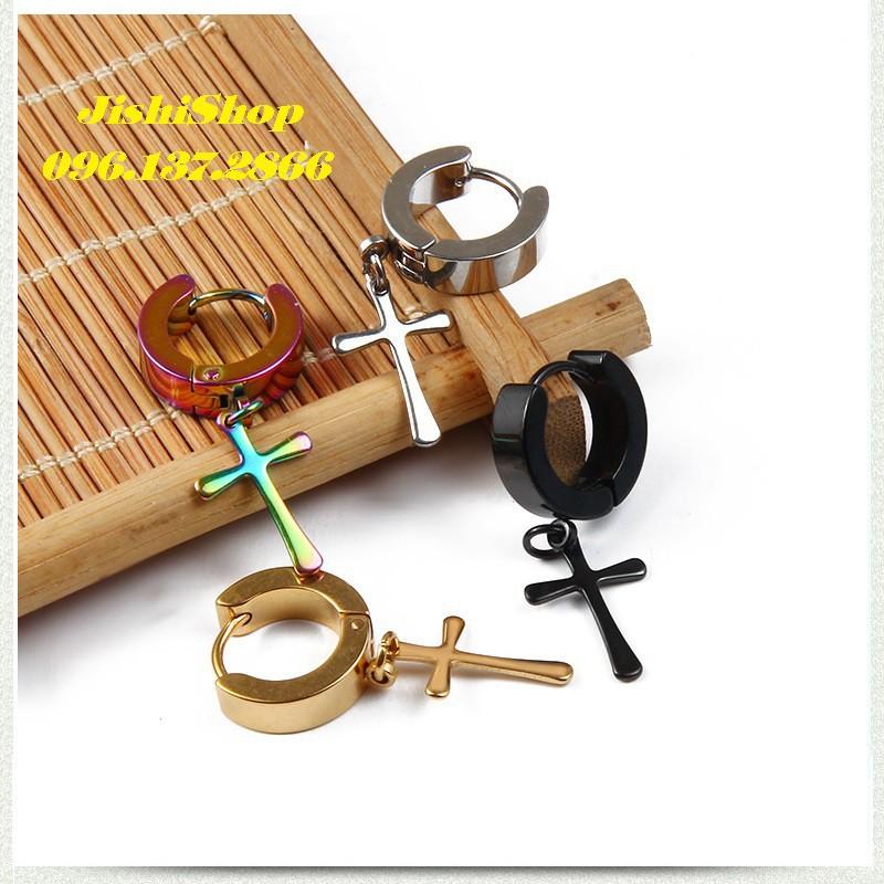 Khuyên tai thánh giá màu đen bấm lỗ nam - nữ | squishyhaihuoc