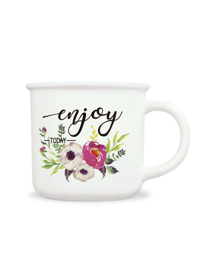 Cốc sứ tráng men họa tiết Hoa lá chữ Enjoy 360ml