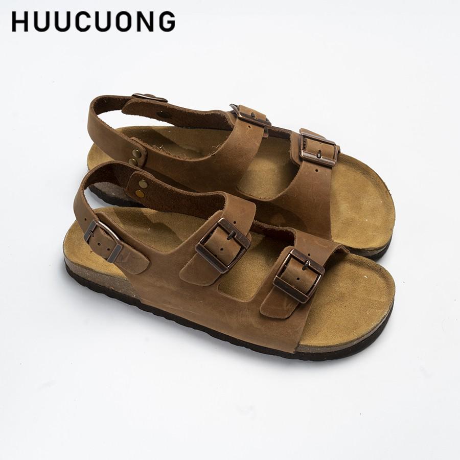 Sandal HuuCuong -2 khóa Da Bò đế trấu(nâu)