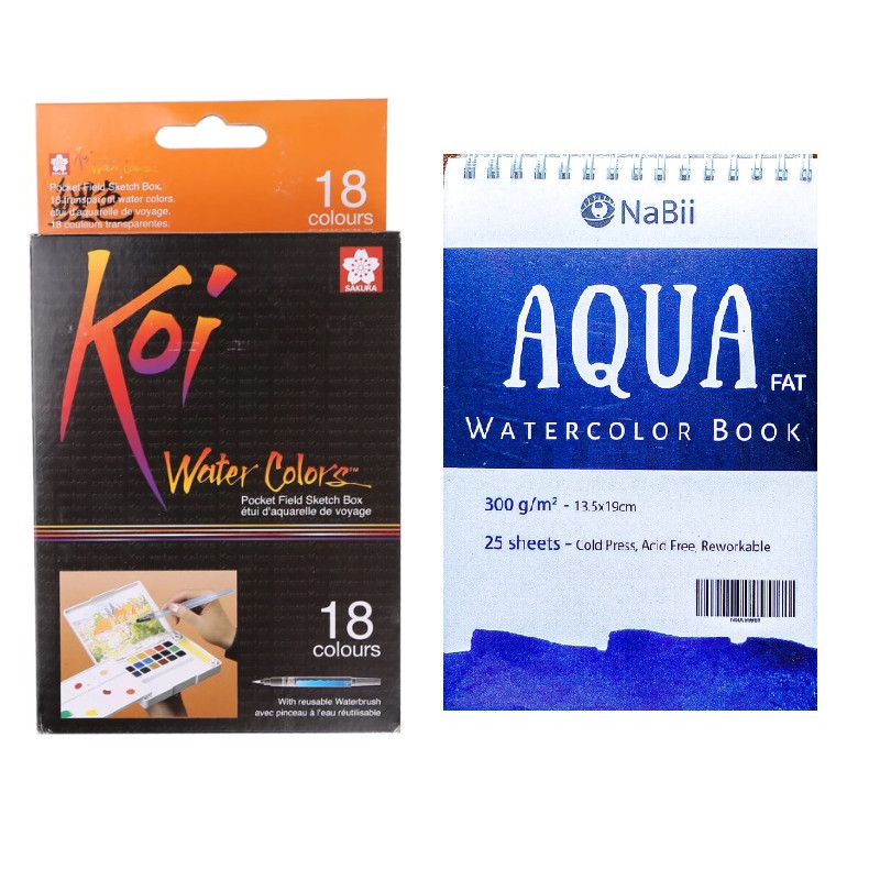 TẶNG SỔ VẼ MÀU NƯỚC - Màu Nước Nén Koi Water Colors Sakura 18 Màu - Tặng sổ vẽ màu nước Aqua Nabii A5