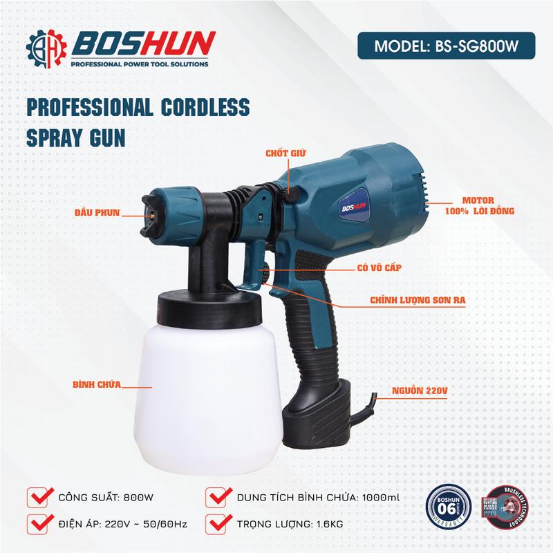Máy phun sơn Boshun BS-SG800W công suất lớn 800W - Hàng Chuẩn Không Chổi Than Siêu Khỏe