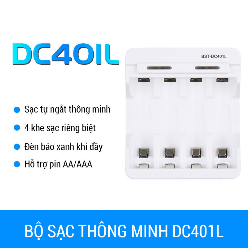 Combo Sạc Nhanh Tự Ngắt DC401L Kèm 4 Pin AA/AAA