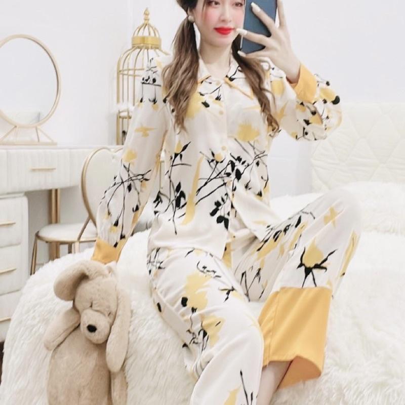 Đồ bộ nữ cổ nhọn tay dài, đồ bộ mặc nhà chất liệu mango size dưới 65kg