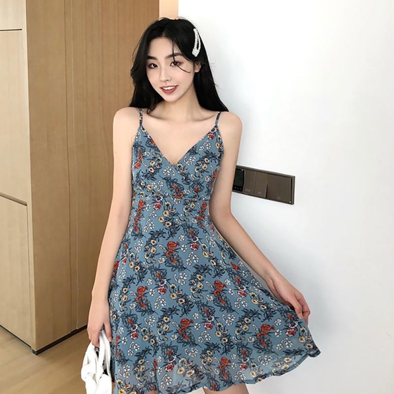 Đầm Hoa Cổ Chữ V Phong Cách Retro Xinh Xắn Cho Nữ