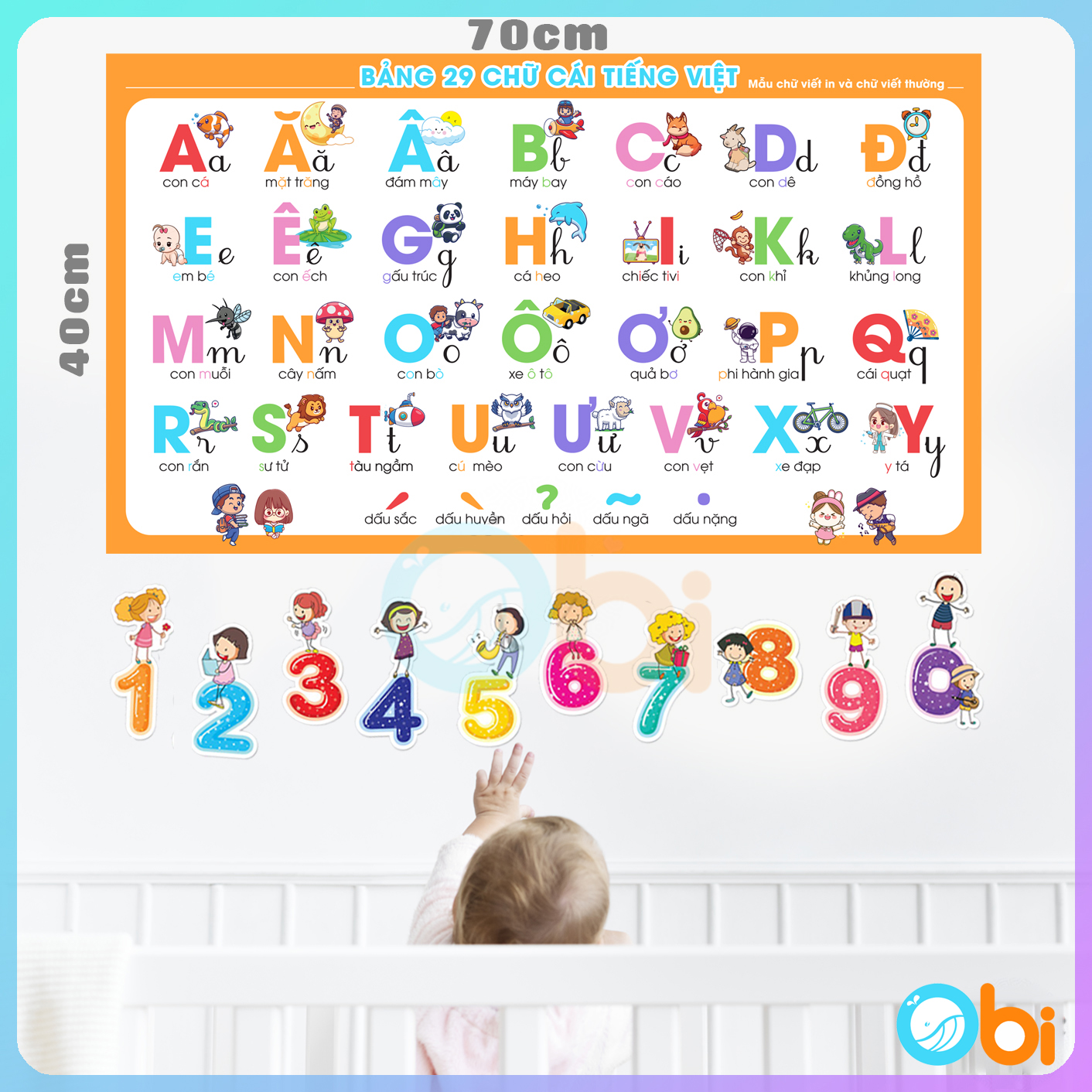 Bộ Decal Bảng 29 Chữ Cái Tiếng Việt  và Chữ Số Từ 0 đến 9 Obi