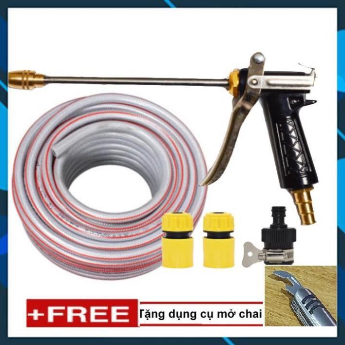 ️ Bộ dây vòi xịt nước rửa xe, tưới cây , tăng áp 3 lần, loại 20m 206318 đầu đồng, cút,nối đen+ mở chai