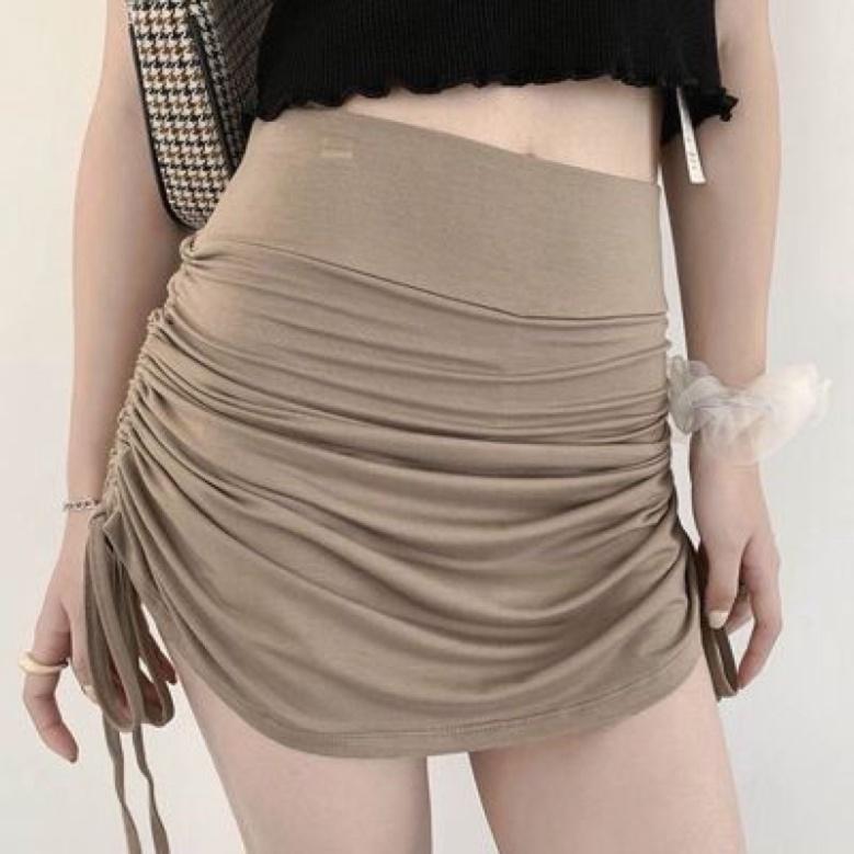 Chân váy rút dây nhún nhiều màu chất thun co giãn - Chân váy ngắn nhún ulzzang nữ tính, mầu đen, trắng, be, nâu tây, coc