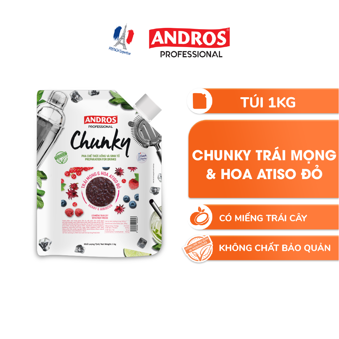 Chunky Trái mọng &amp; Hoa Atiso đỏ Andros - Nguyên liệu pha chế - Mứt trái cây - Túi 1kg