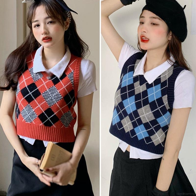 Áo Tank Top Dệt Kim Cổ Chữ V Kẻ Sọc Màu Tương Phản Cá Tính Cho Nữ