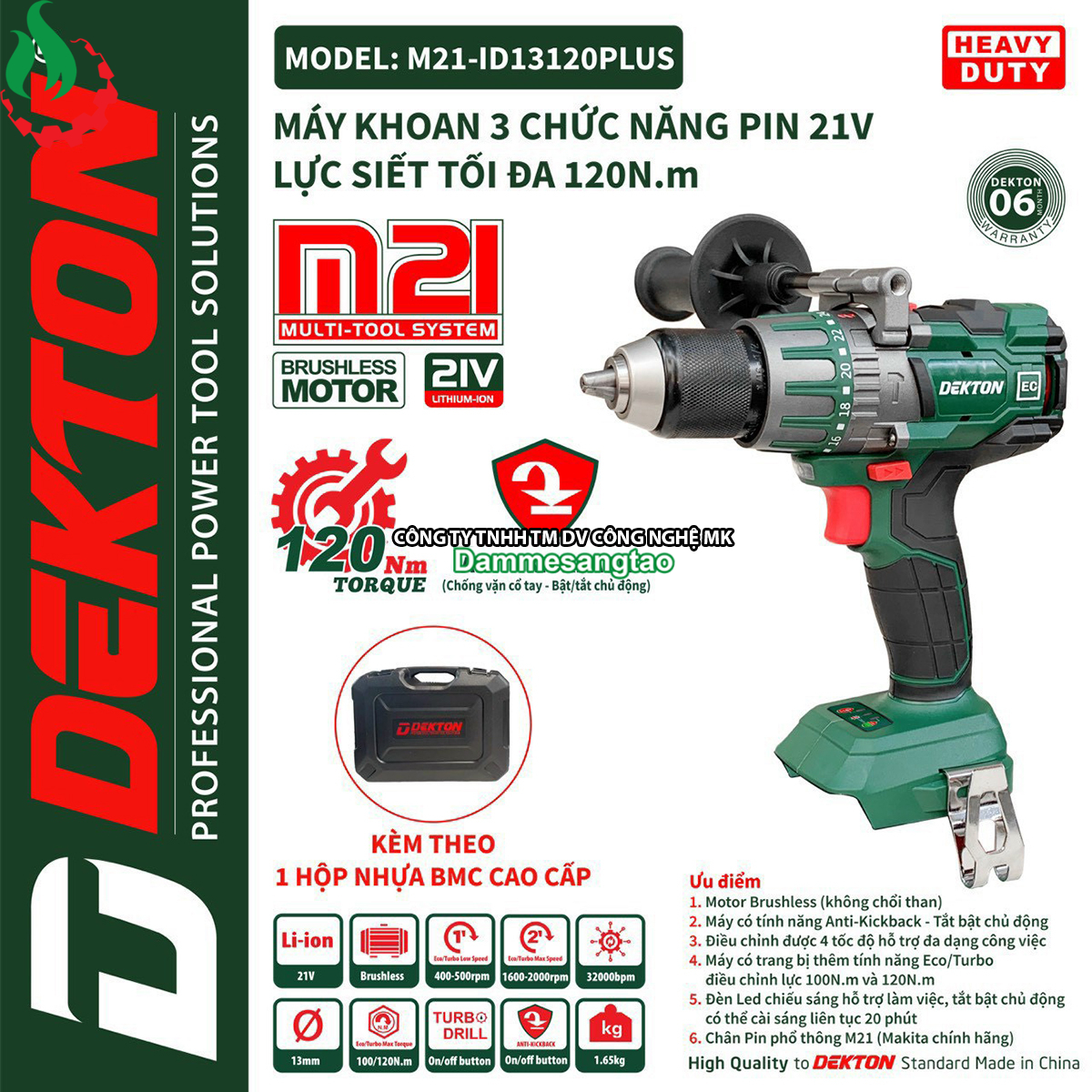 Máy khoan pin 21V Dekton M21-ID13120Plus 120Nm