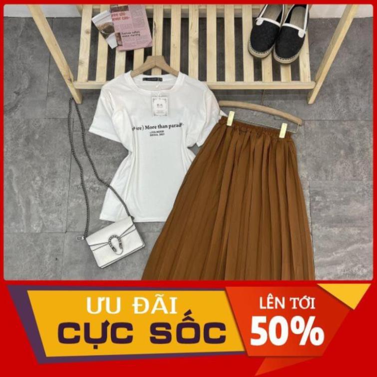 SET ÁO THUN CHỮ TRẮNG MIX CHÂN VÁY XẾP LY NÂU cực xinh