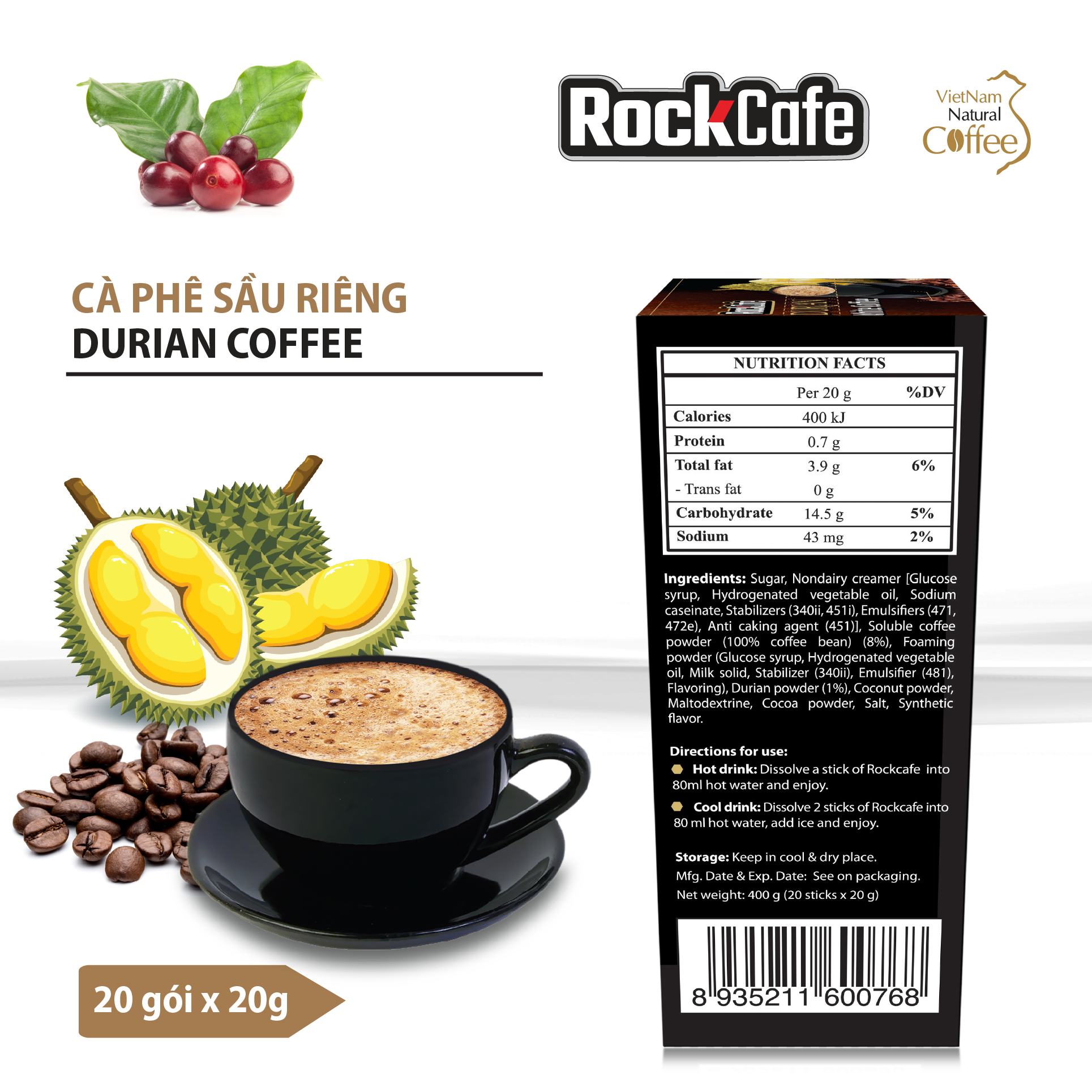 Hộp 20 gói Cà phê Sầu riêng ROCKCAFE (20g/gói)