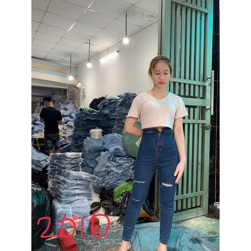 QUẦN JEAN ÔM XANH ĐẬM RÁCH GỐI, CẠP SIÊU CAO