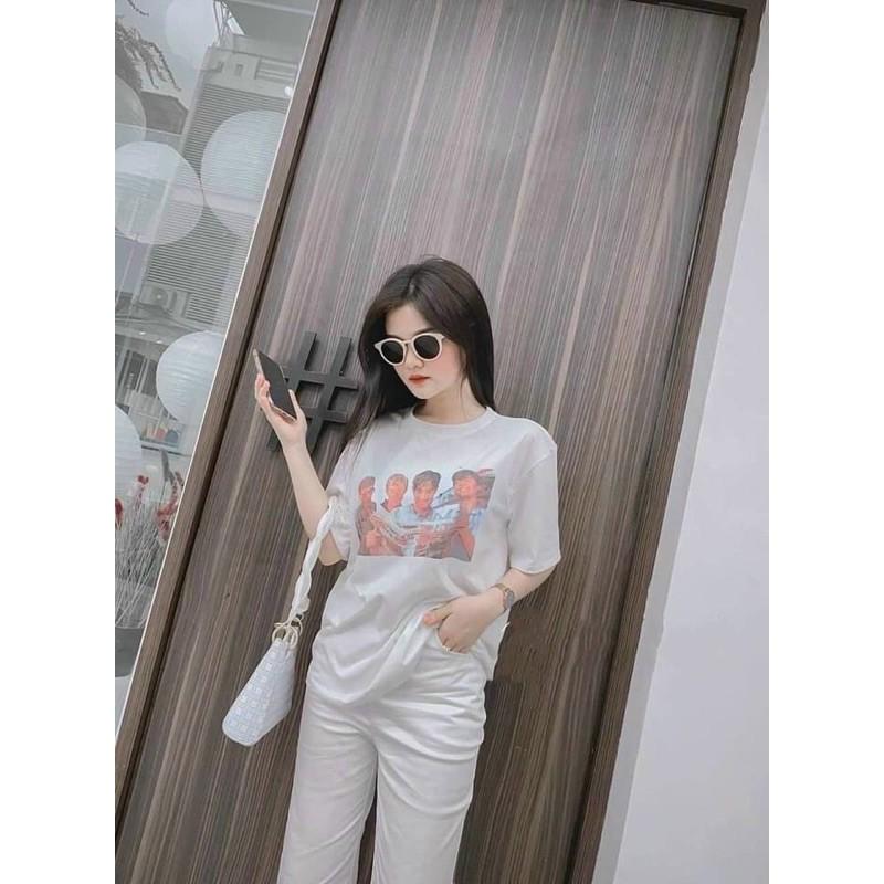 Sét áo thun trắng in hình + quần suông kaki