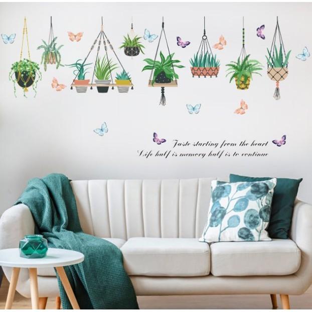 Decal trang trí tường - Nhiều Dây Treo Chậu Kiểng lá cỏ độc đáo
