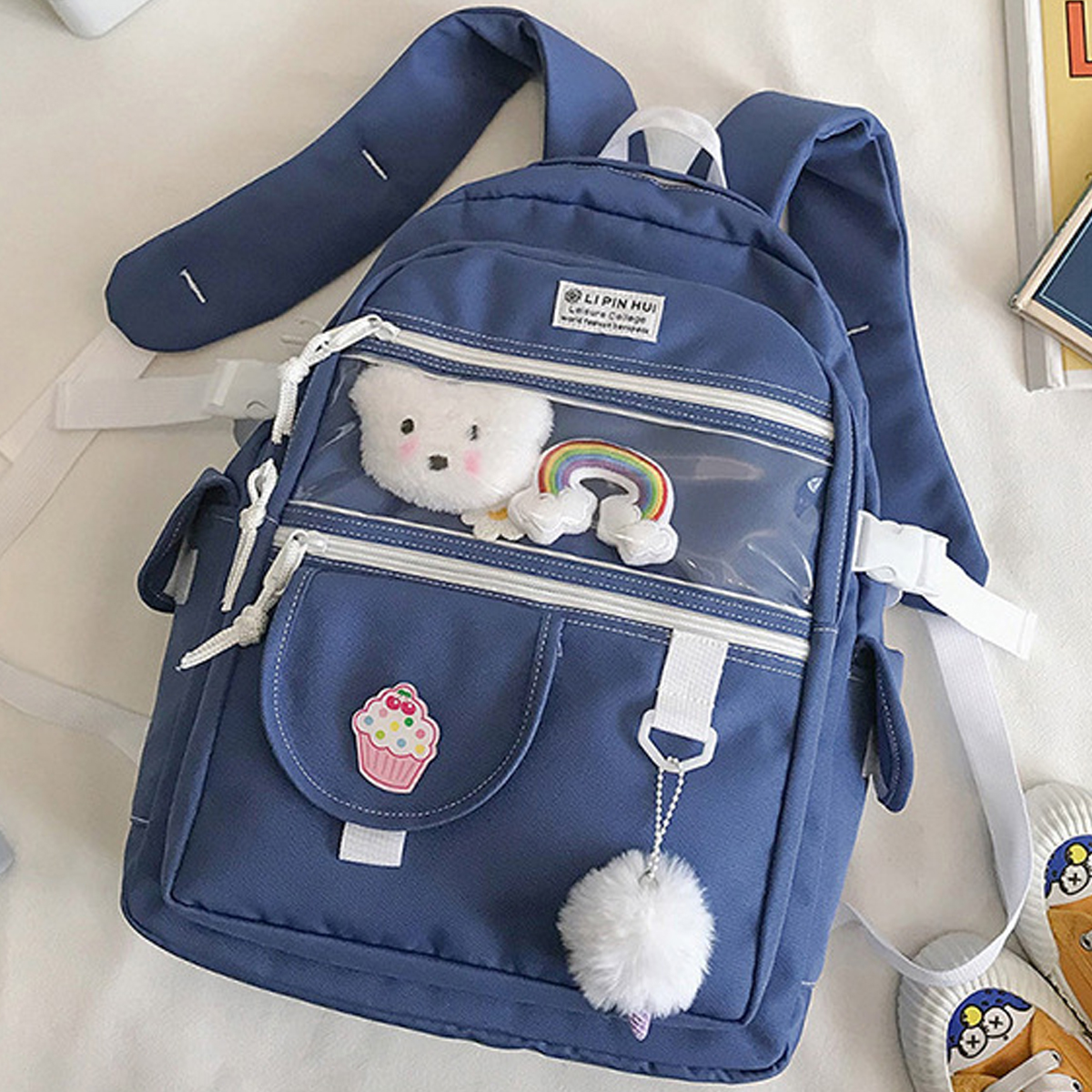Balo ulzzang nữ có ngăn trong suốt , balo thời trang nữ đi học, ba lô học sinh trung học kiểu Hàn