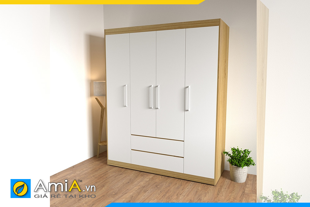 Tủ quần áo gỗ MDF 4 cánh màu trắng hiện đại , Tủ Áo 4 Cánh Cửa Mở