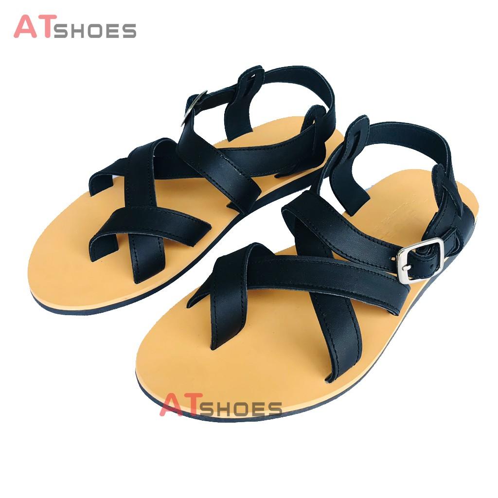 Dép Sandal Unisex cc Da Bò - Sandal xỏ ngón nam nữ kiểu HQ Trẻ Trung Atshoes AT40 (Đen Đế vàng)