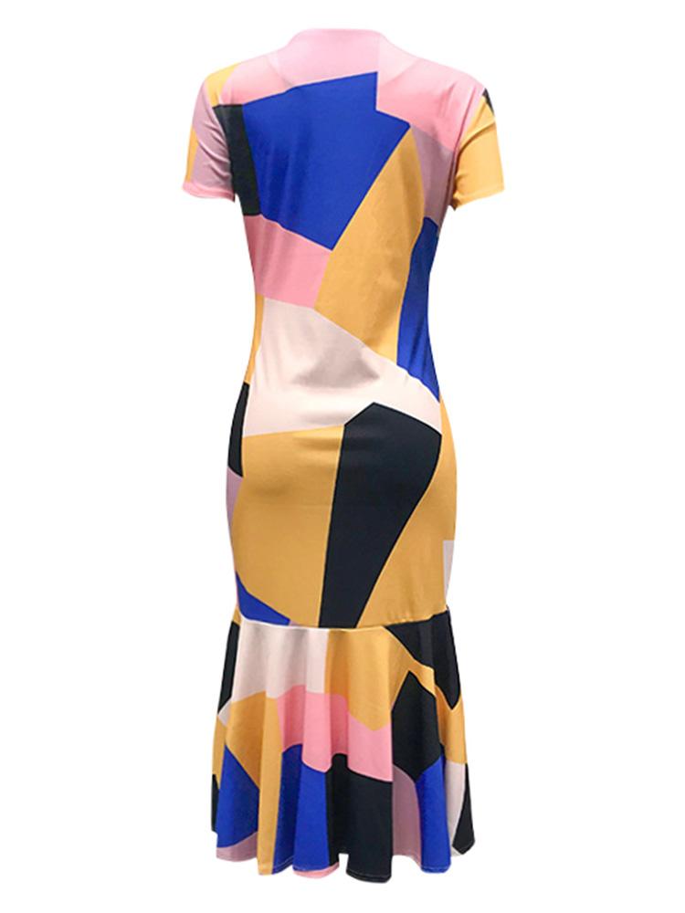 Women Ruffles Dress Floral Contrast Color Block Print Short Sleeves Mermaid Vintage Casual Midi Dress