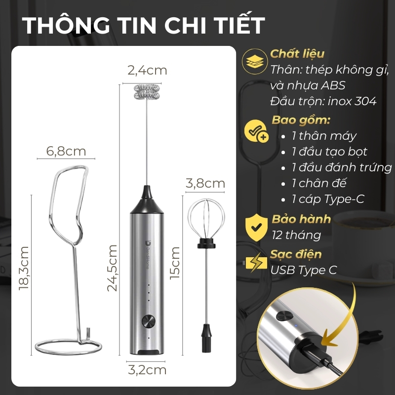 Máy đánh bọt cafe cầm tay DandiHome có giá treo, sạc điện, 10w, hàng chính hãng bảo hành 12 tháng