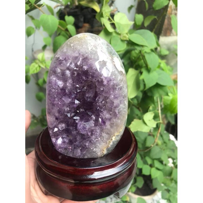 Miếng Đá Thạch Anh Tím Trái Tim Nhỏ đế gỗ Tự Nhiên Kt Cao 12cm N11cm S9cm Anh Chị Đặt Bàn Làm Việc Bàn Thờ Thần Tài May Mắn Thu Hút Tài Lộc ạ