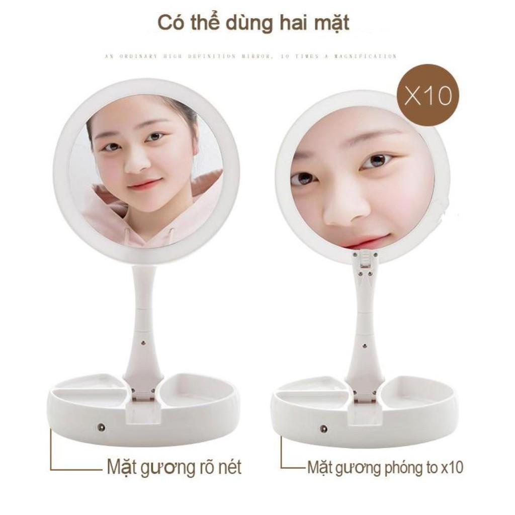 Gương trang điểm xếp gọn xoay 360 độ hai mặt kèm đèn LED - ShopToro - AsiaMart