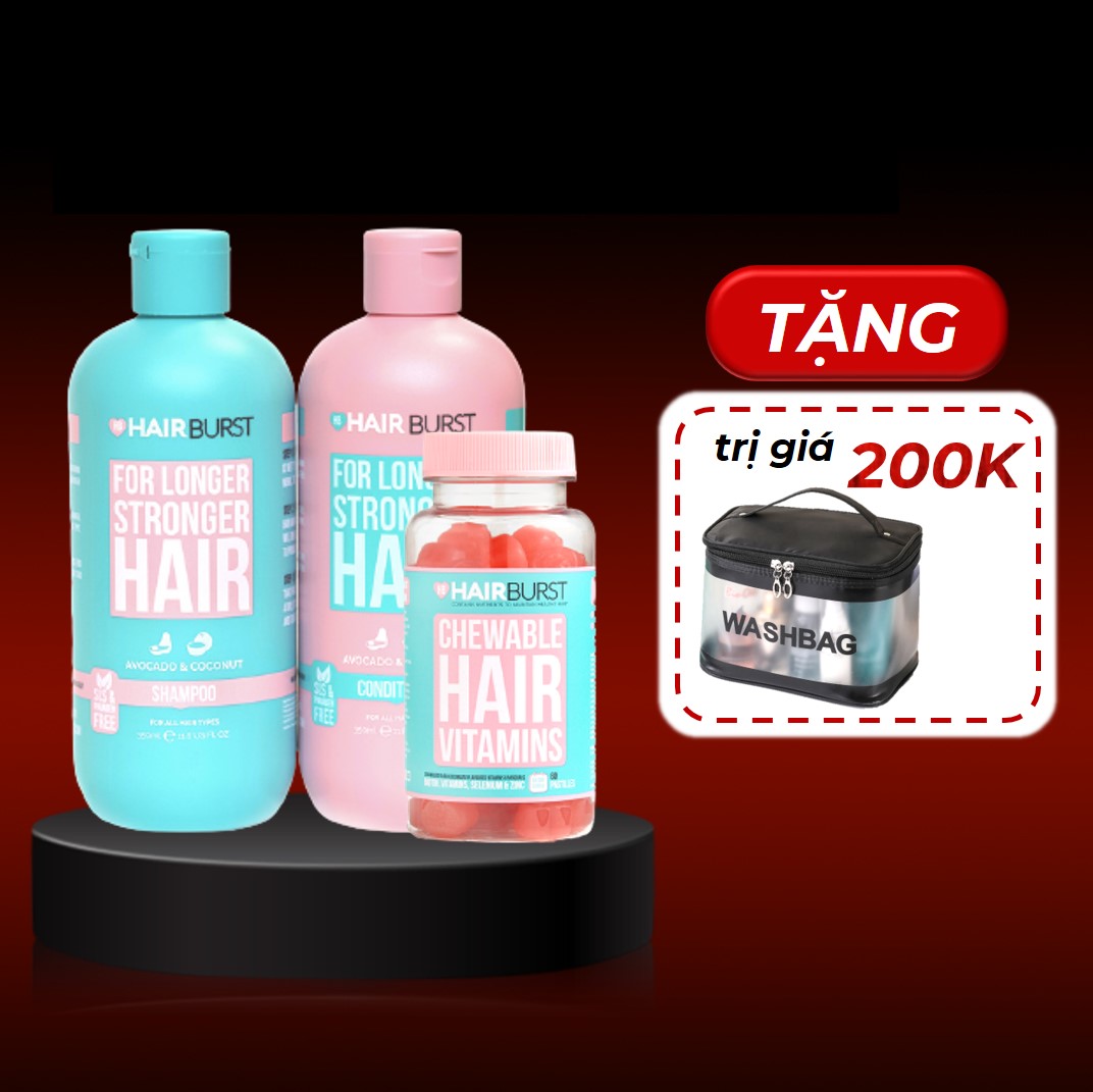 Combo Set Gội Xả + Kẹo Dẻo Chewable HAIRBURST Kích Thích Mọc Tóc, Chắc Khỏe 350ml/Chai + Tặng Kèm Túi Đựng Mỹ Phẩm