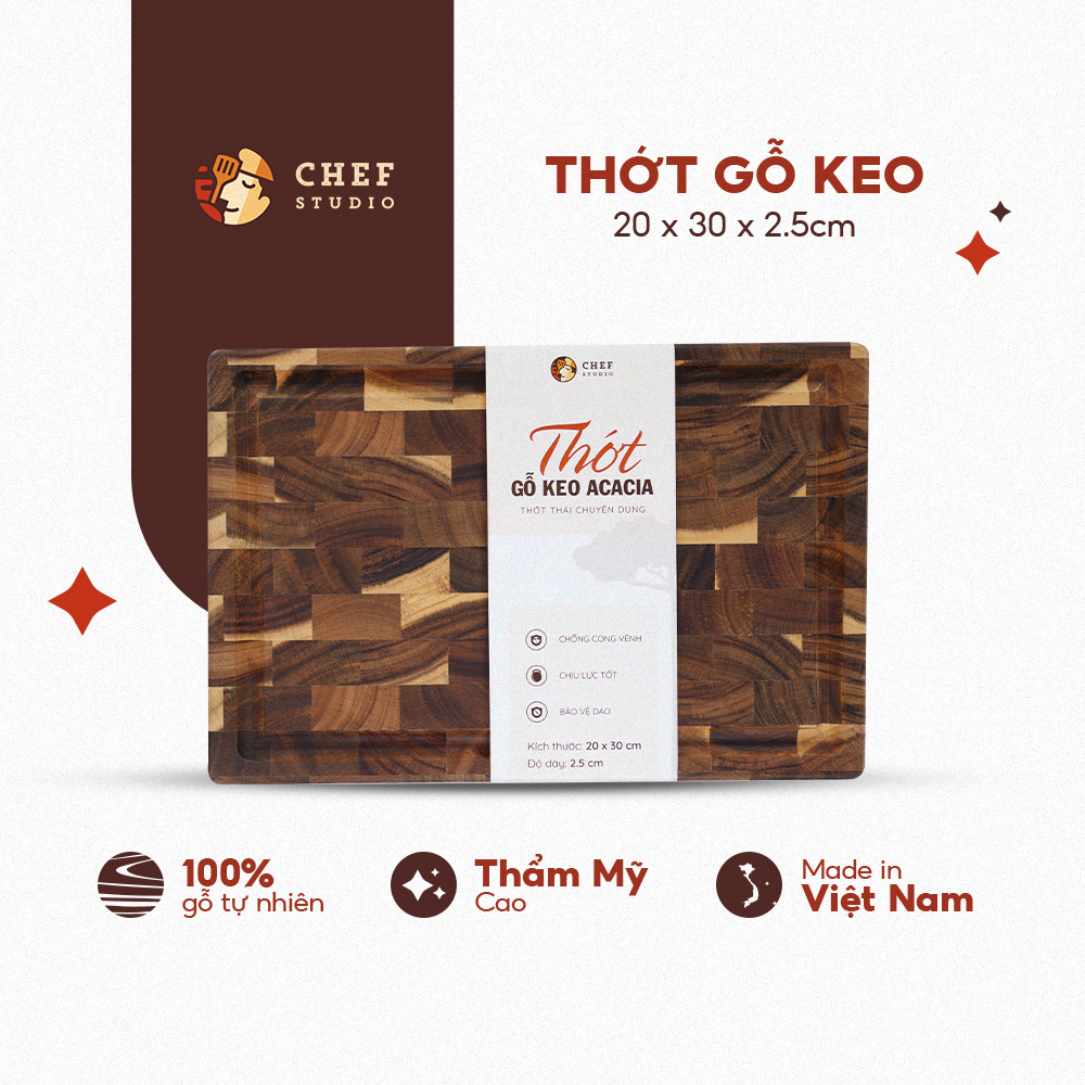 Thớt gỗ Keo (gỗ Tràm) Chef Studio cao cấp hình chữ nhật, đa dụng, an toàn cho sức khỏe