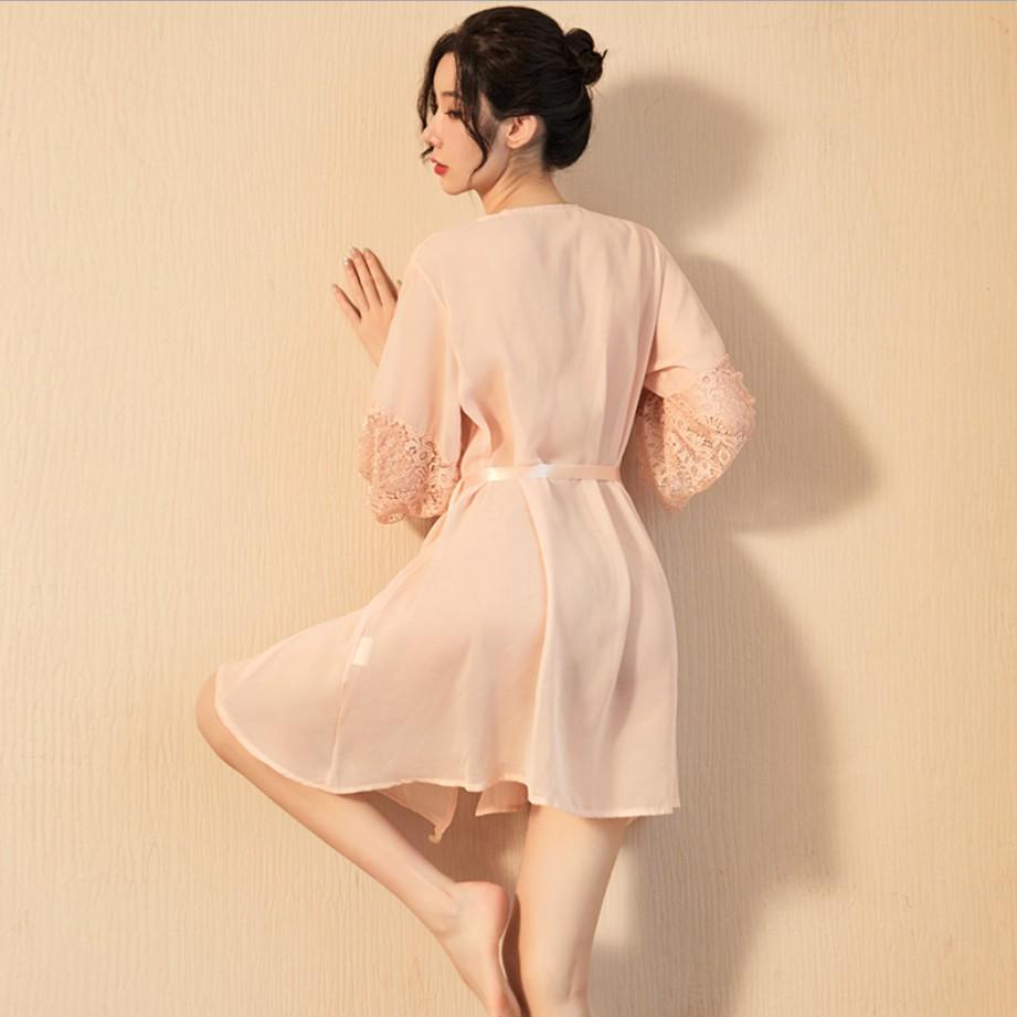 Áo choàng ngủ vải phi bóng phối ren quyến rũ cho nữ